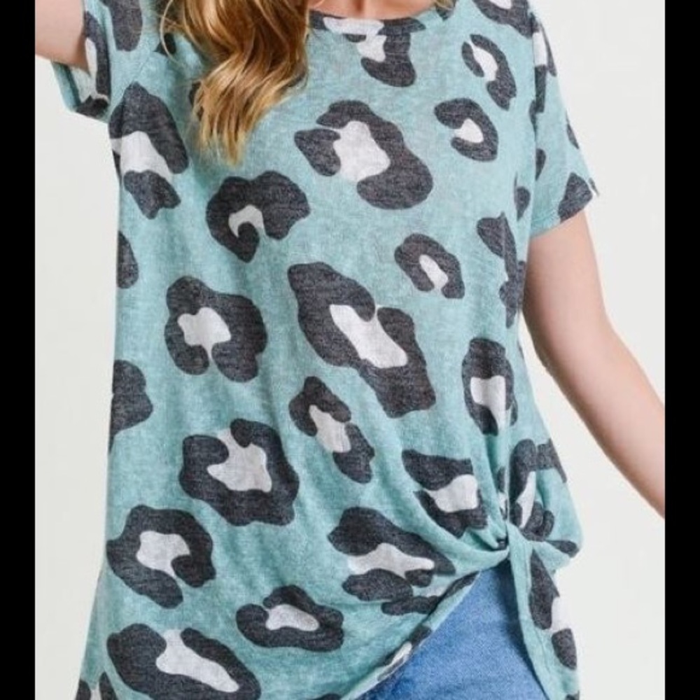 Aqua and Leopard Print Twist-front Top